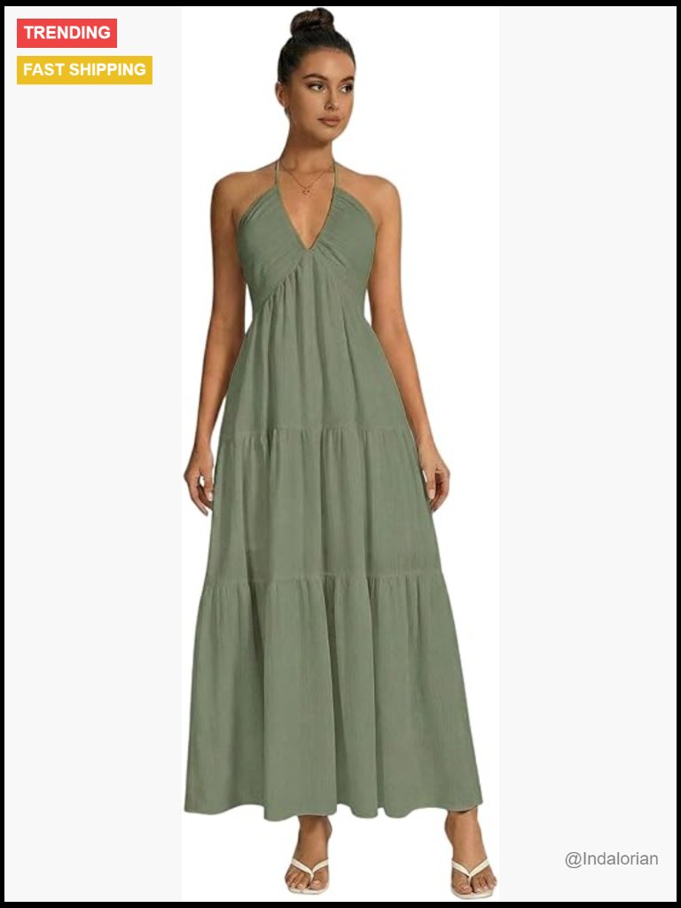 Women's Backless Halter Maxi Dress Flowy Boho Sundress Wedding Guest
